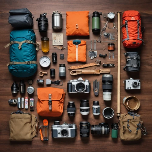 camera gear,photography equipment,backpacker,climbing gear,photo equipment with full-size,travel bag,the living room of a photographer,flatlay,travel essentials,camping gear,digital nomads,photojournalistic,flat lay,photographic equipment,climbing equipment,camera equipment,backpacked,documentarian,nonessentials,essentials,Unique,Design,Knolling