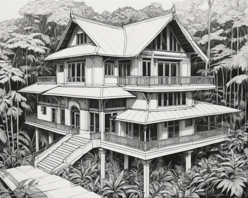 javanese traditional house,tropical house,house drawing,kampung,garden elevation,rumah,fordlandia,forest house,stilt house,habitational,amazonica,sarawak,wooden house,guesthouses,peranakan,timber house,istana,malayan,bungalows,wooden houses,Illustration,Black and White,Black and White 12