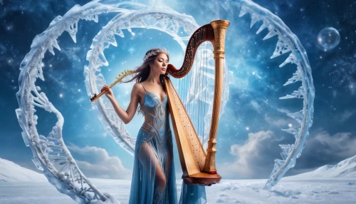 celtic harp,harp player,harpist,ancient harp,angel playing the harp,harp,the snow queen,sedna,celtic woman,cryosphere,amphitrite,harp strings,fantasy picture,ice queen,imbolc,constellation lyre,thingol,dawnstar,harpists,icewind