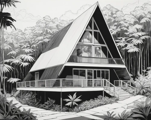 tropical house,mid century house,forest house,fordlandia,house in the forest,glasshouse,midcentury,palm house,greenhouse,cubic house,mid century modern,prefab,neutra,beach house,biomes,glasshouses,holiday home,inverted cottage,dreamhouse,amazonica,Illustration,Black and White,Black and White 12