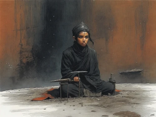 middle eastern monk,tuareg,samarai,praying woman,monk,tuaregs,wudang,indian monk,woman sitting,buddhist monk,woman praying,yanzhao,sizhao,jianxing,chamkaur,wenzhao,yimou,katana,jianfeng,erhu,Illustration,Realistic Fantasy,Realistic Fantasy 06