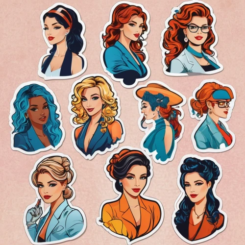 set of cosmetics icons,retro pin up girls,fairy tale icons,retro women,bombshells,pin up girls,hairstyles,pin-up girls,icon set,pin ups,boufflers,retro cartoon people,retro 1950's clip art,vintage girls,crown icons,riverdale,vintage women,betties,heroines,beauty icons,Unique,Design,Sticker