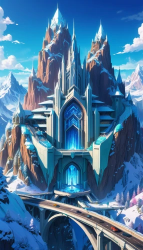 ice castle,icewind,skylands,tirith,snow house,jotunheim,citadels,ice planet,fantasy city,alfheim,gondolin,ice landscape,knight's castle,tunheim,fantasy world,snowhotel,summit castle,erebor,northrend,snow mountains,Illustration,Japanese style,Japanese Style 03