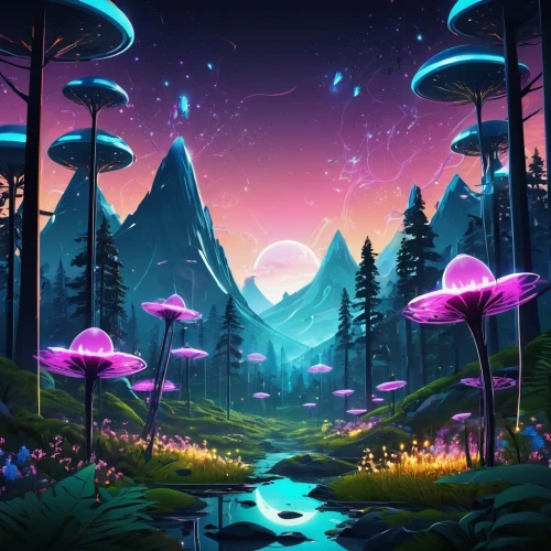 mushroom landscape,fairy world,fairy forest,mushroom island,futuristic landscape,fairy village,fantasy landscape,alien world,beautiful wallpaper,fairy galaxy,cartoon forest,alien planet,kaleidoscape,mycena,fairyland,unicorn background,cartoon video game background,forest of dreams,wonderlands,frog background,Conceptual Art,Sci-Fi,Sci-Fi 10