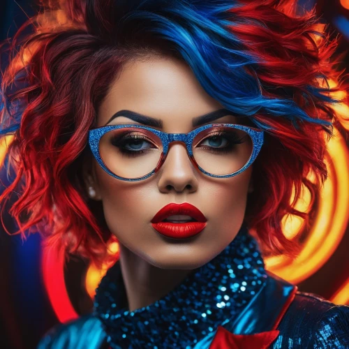 color glasses,retro woman,cyber glasses,stefanovich,cosima,raja,electropop,librarian,neon makeup,jenji,kameron,neurosky,fantasy portrait,glasses,red and blue,portrait background,rexha,electronique,fiery,lace round frames,Photography,General,Fantasy