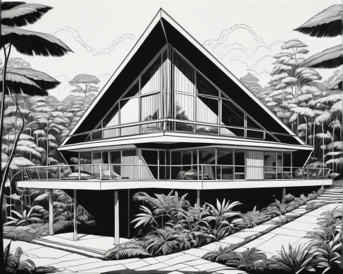 mid century house,midcentury,tropical house,forest house,mid century modern,glasshouse,fordlandia,greenhouse,neutra,conservatory,glasshouses,greenhouse cover,eichler,prefab,amazonica,house drawing,palm house,house in the forest,holiday home,beach house,Illustration,Black and White,Black and White 18