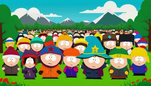 southpark,broflovski,cartman,alpine hats,overcrowd,parappa,shrovetide,villagers,cartoon forest,lemmings,townsmen,olympic mountain,lepreau,lutin,scandia gnomes,multituberculates,pilgrims,vector people,toonerville,forest workers,Illustration,Japanese style,Japanese Style 05