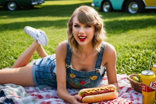 picnicking,picnics,hotdogs,picnic,hotdog,swifty,picnicked,tay,picnic basket,picnic table,taytay,beach towel,taylor,pop art girl,tayto,advertising campaigns,ketchup,red tablecloth,picnickers,pop art style,Illustration,Realistic Fantasy,Realistic Fantasy 33