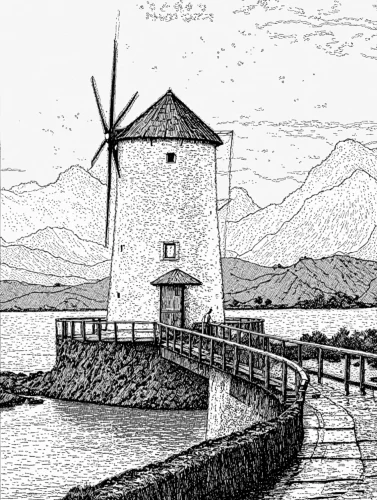 historic windmill,old windmill,windmill,windmill gard,crinan,the windmills,wind mill,wind mills,dutch windmill,windmills,molen,windpump,salt mill,moulin,lochranza,dunstaffnage,ebeltoft,post mill,hand-drawn illustration,light house,Design Sketch,Design Sketch,Black and white Comic