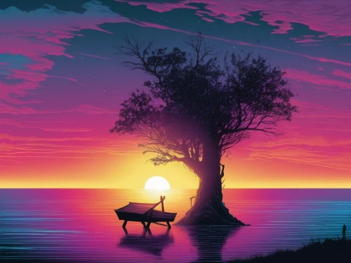 lone tree,isolated tree,silhouette art,landscape background,purple landscape,sunset,evening lake,magic tree,lonetree,eventide,beautiful wallpaper,romantic scene,painted tree,dreamscape,colorful tree of life,coast sunset,fantasy picture,tree silhouette,nature background,dusk background,Illustration,Realistic Fantasy,Realistic Fantasy 25