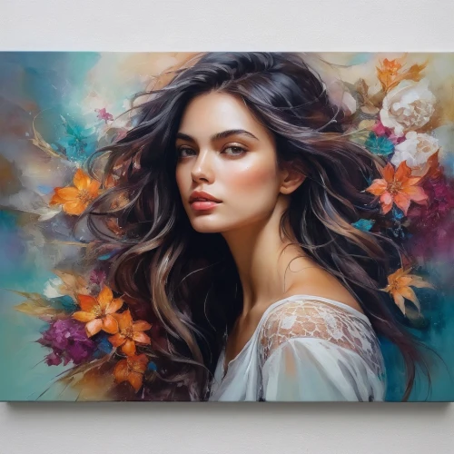 oil painting on canvas,flower painting,art painting,oil painting,girl in flowers,boho art,bohemian art,beautiful girl with flowers,photo painting,mystical portrait of a girl,pintura,fantasy portrait,watercolor women accessory,italian painter,portrait background,oil on canvas,boho art style,painting,painting technique,romantic portrait,Illustration,Paper based,Paper Based 04