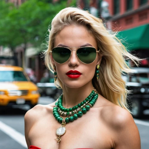 red lipstick,red lips,red green glasses,ginta,collier,halston,blonde woman,new york streets,goldin,cool blonde,street shot,on the street,red and green,nolita,hony,50's style,fashion street,jeweled,retro woman,red green,Photography,General,Realistic