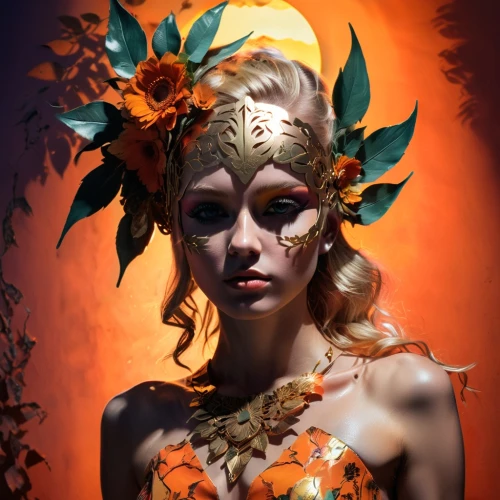 tiger lily,oshun,girl in a wreath,headdress,dryad,faerie,faery,venetian mask,orange blossom,faun,persephone,maenads,fantasy portrait,elven flower,viveros,headdresses,dryads,flower fairy,golden wreath,seelie,Photography,Artistic Photography,Artistic Photography 08