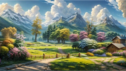 landscape background,fantasy landscape,alpine landscape,home landscape,mountain village,meadow landscape,mountain landscape,mountain scene,alpine village,cartoon video game background,mountainous landscape,salt meadow landscape,mountain settlement,autumn mountains,alpine pastures,springtime background,nature landscape,nature background,beautiful landscape,fantasy picture