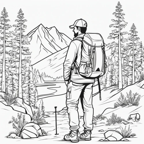 hiker,coloring page,backpacking,coloring pages,venturer,summer line art,mountain hiking,hikers,backpacker,line art,backpacked,hiking,hand-drawn illustration,outdoorsman,mountain boots,wippleman,lineart,arrow line art,line drawing,lumberjack pattern,Illustration,Black and White,Black and White 04