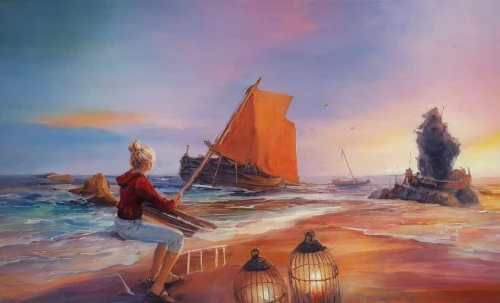 sailing orange,sea landscape,el mar,seafaring,sea sailing ship,landscape with sea,fantasy picture,lachapelle,sailing,coville,scarlet sail,sailing boats,sailing boat,sailing ships,sail ship,coastal landscape,cyclades,sailing ship,nestruev,oil painting on canvas,Illustration,Paper based,Paper Based 04