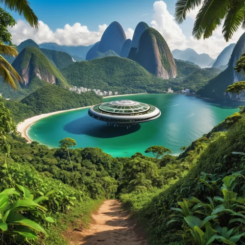 futuristic landscape,amazonica,tailandia,terraformed,seasteading,seychellois,the caribbean,alien ship,andaman,amazonia,tropical island,biosphere,caribbean,an island far away landscape,guanabacoa,chemosphere,ecotopia,alien world,voyages,futuristic architecture,Photography,General,Realistic