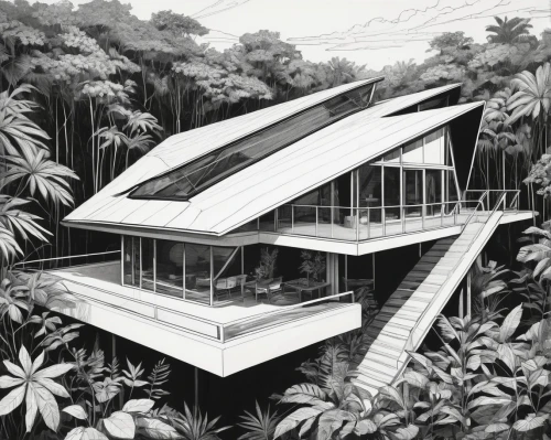 glasshouse,tropical house,glasshouses,fordlandia,palm house,greenhouse,cantilevers,biomes,roof landscape,amazonica,forest house,neutra,sketchup,grass roof,roof panels,conservatory,fernery,roofs,conservatories,biome,Illustration,Black and White,Black and White 12