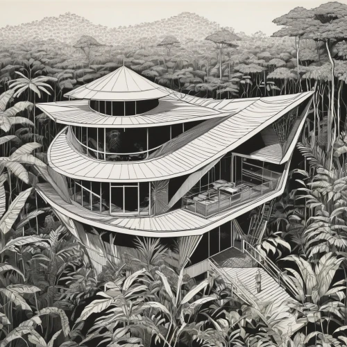 amazonica,glasshouse,docomomo,fordlandia,niemeyer,palm house,tropical house,gondwanaland,karchner,illustration,glasshouses,cinerama,midcentury,aviary,greenhouse,habitational,hejduk,aviaries,biomes,yasuni,Illustration,Black and White,Black and White 21