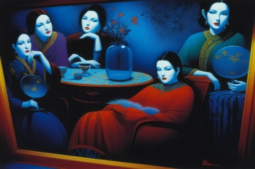 fado,women at cafe,blue room,kafana,fornasetti,jasinski,piccioni,floridita,surrealists,woman at cafe,gholamhossein,blasetti,ishaqi,jianfeng,glass painting,quartette,delatour,quartetto,dixit,tretchikoff,Illustration,Vector,Vector 09