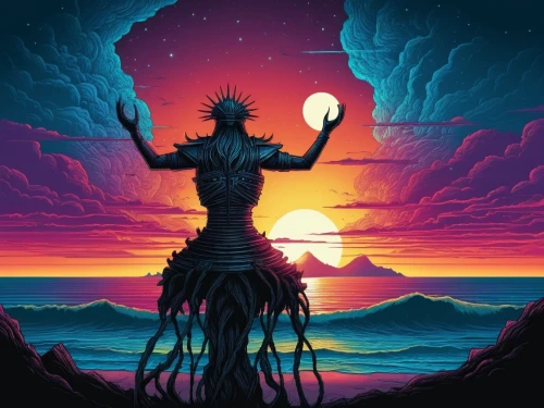 samsara,poseidon,colossi,silhouette art,quixotic,sundancer,samudra,man silhouette,sun god,sun king,nyepi,krakatoa,shaman,kokopelli,aum,silhouette,demogorgon,khawajah,wight,shpongle,Illustration,Realistic Fantasy,Realistic Fantasy 25