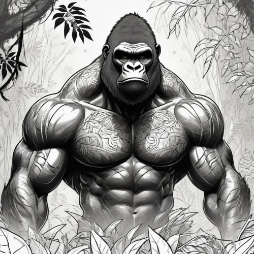 silverback,gorilla,silverbacks,shabani,grodd,ape,haramirez,gorilla soldier,bornean,apeman,dk,hulking,prosimian,rilla,gorillas,bodybuilding,tarzan,primate,wulk,borneman,Illustration,Black and White,Black and White 05