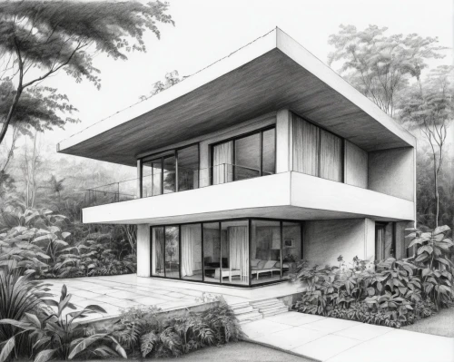 sketchup,revit,house drawing,3d rendering,passivhaus,mid century house,cantilevers,eichler,neutra,modern architecture,modern house,eisenman,garden elevation,renderings,vivienda,mid century modern,prefab,arquitectonica,cantilevered,docomomo,Illustration,Black and White,Black and White 35