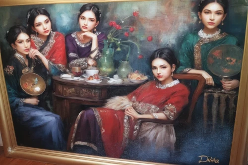 women at cafe,persian norooz,peranakans,bohemian art,oil painting,zaharoff,amorsolo,gholamhossein,chughtai,tretchikoff,woman at cafe,oriental painting,oil painting on canvas,khokhloma painting,muharem,mother with children,safronov,gharavi,prinsep,indian art,Illustration,Paper based,Paper Based 04