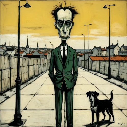 hulot,spiegelman,palahniuk,kafka,saluki,blixa,personaje,sighthound,boy and dog,lurcher,edmeades,ventriloquist,searles,walking man,bullmore,a pedestrian,nucky,mogg,standing man,blundetto,Art,Artistic Painting,Artistic Painting 01