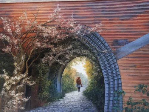 torii tunnel,wall tunnel,tunnel of plants,pathway,tunnel,passage,waggonway,plant tunnel,passageway,walkway,underpass,village gateway,old linden alley,entry path,archway,levada,alley,hollow way,birch alley,footpath,Illustration,Paper based,Paper Based 04