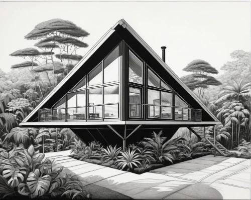 sketchup,tropical house,conservatories,conservatory,mid century house,glasshouse,inverted cottage,palm house,house drawing,garden elevation,habitational,frame house,timber house,greenhouse,eichler,forest house,stilt house,sunroom,beach house,wooden house,Illustration,Black and White,Black and White 18