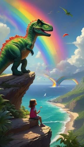 rainbow background,ladinos,fantasy picture,dinos,dino,world digital painting,dinosaur,children's background,dinosauria,dinosaruio,dinosaurios,dinosaurian,rainbow,dinotopia,esdraelon,dinosaurs,rainbow colors,mesozoic,beautiful wallpaper,ark,Conceptual Art,Fantasy,Fantasy 11