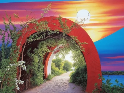 rose arch,archway,archways,tunnel of plants,gateway,heaven gate,village gateway,pathway,torii tunnel,the mystical path,wall tunnel,rainbow bridge,entranceways,secret garden of venus,earthship,bridge arch,dubai miracle garden,superadobe,walkway,portals,Illustration,Paper based,Paper Based 09