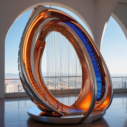 celtic harp,harp strings,harp,harpist,revolving light,semi circle arch,steel sculpture,penannular,harp of falcon eastern,futuristic architecture,futuristic art museum,oval forum,ancient harp,torus,circular staircase,the energy tower,spiral staircase,aros,harp player,skybridge,Photography,General,Realistic