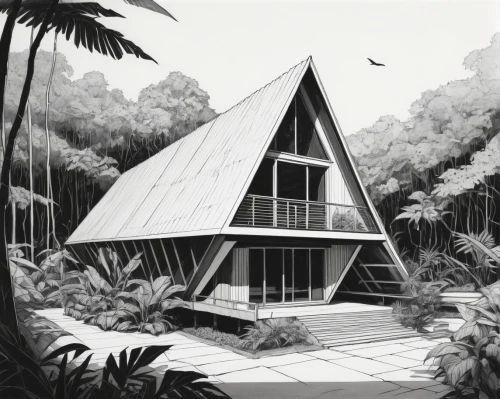 tropical house,mid century house,sketchup,glasshouse,fordlandia,forest house,house in the forest,biomes,conservatory,cubic house,greenhouse,palm house,midcentury,timber house,bungalows,wooden house,frame house,glasshouses,beach house,biome,Illustration,Black and White,Black and White 12