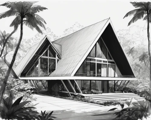 tropical house,mid century house,sketchup,beach house,bungalows,beachhouse,polynesian,house drawing,stilt house,wigwam,midcentury,pool house,moorea,utzon,chalet,inverted cottage,eichler,huts,lodges,house shape,Illustration,Black and White,Black and White 08