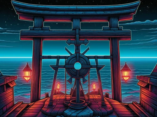 imagawa,torii,japanese shrine,yamatai,japanese lantern,yamato,tsushima,senbon torii,senkaku,shrine,japanese icons,itsukushima,osaka bay,yokai,dock,nautical banner,docked,dojo,docks,oriental lantern,Illustration,Realistic Fantasy,Realistic Fantasy 25