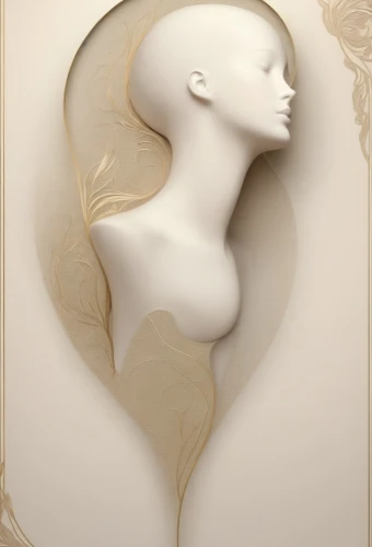 art deco woman,lalique,decorative figure,woman silhouette,abstract gold embossed,gold foil art,mirifica,gold foil mermaid,white lady,woman thinking,female body,hairpieces,headpiece,fluidity,paper art,the hat of the woman,woman's face,woman sculpture,ceramide,millinery,Illustration,Retro,Retro 08