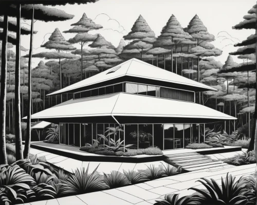 forest house,house in the forest,teahouse,bungalows,midcentury,mid century house,glasshouse,conservatory,gazebo,greenhouse,pool house,lodge,sunroom,fordlandia,summer house,cottage,boathouse,palm house,bungalow,treehouses,Illustration,Black and White,Black and White 18