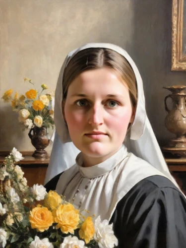 saint therese of lisieux,timoshenko,perugini,lacordaire,postulant,marguerite,portrait of christi,maidservant,foundress,the prophet mary,bouguereau,marguerita,ursulines,mozzetta,dorota,novitiate,margueritte,duchesne,nunsense,woman holding pie,Digital Art,Impressionism