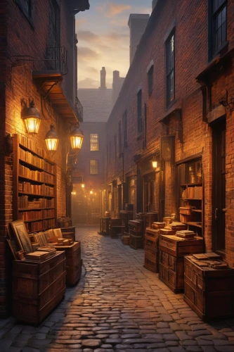 bookstalls,medieval street,the cobbled streets,booksellers,neverwhere,old linden alley,bibliophiles,bookshops,alleyway,bookworm,weatherfield,cobbled,bookshop,bookseller,alleyways,bookish,bookworms,townscapes,cobblestone,bibliophile,Art,Artistic Painting,Artistic Painting 30