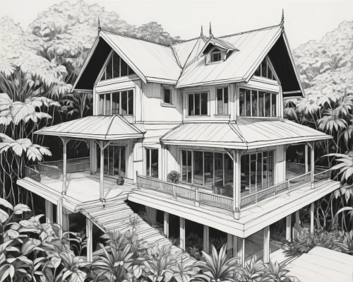 house drawing,wooden house,penciling,forest house,rumah,wooden houses,cottage,javanese traditional house,house in the forest,kampung,tropical house,bungalows,treehouses,old home,guesthouse,casina,chalet,stilt house,garden elevation,timber house,Illustration,Black and White,Black and White 12