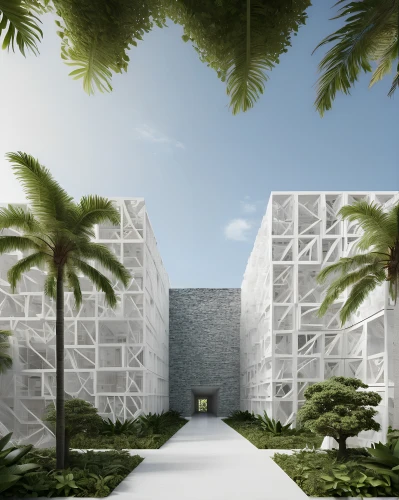 white temple,3d rendering,tropical house,render,biomes,unbuilt,white buildings,amanresorts,cubic house,landscaped,arcology,courtyards,biopiracy,rendered,mausoleum ruins,3d rendered,apartment block,3d render,virtual landscape,cube background