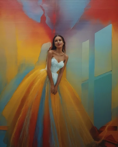 girl in a long dress,digital painting,world digital painting,quinceanera,cinderella,quinceaneras,filipiniana,colorful background,blurred background,digital art,flamenca,oil painting on canvas,color wall,gradient effect,a girl in a dress,miss vietnam,light of art,aura,ballgowns,ballgown,Photography,General,Realistic