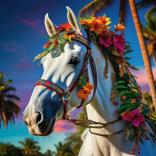 colorful horse,carnival horse,arabian horse,dream horse,tropico,luau,painted horse,spring unicorn,aloha,equine,albino horse,lipizzaner,a white horse,floral wreath,flower garland,portrait animal horse,floral garland,andalusians,palomino,rainbow unicorn,Photography,Artistic Photography,Artistic Photography 08