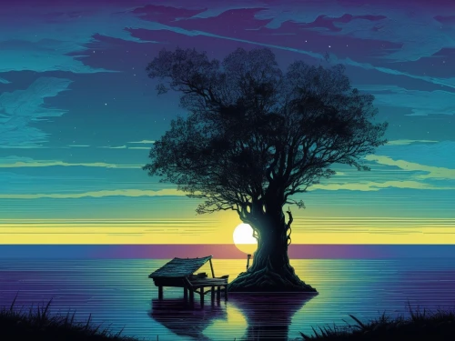 isolated tree,landscape background,lone tree,house silhouette,romantic scene,an island far away landscape,evening lake,tranquility,nature background,silhouette art,beautiful wallpaper,cartoon video game background,treehouse,tree with swing,tree house,windows wallpaper,dusk background,seclude,serenity,quietude,Illustration,Realistic Fantasy,Realistic Fantasy 25