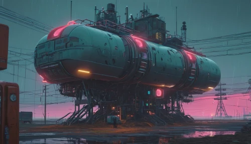 refinery,oil tank,scifi,futuristic landscape,submersible,submersibles,industrial landscape,cyberpunk,heavy water factory,transistor,postapocalyptic,burzenin,hawken,steamboy,gas tank,cyberworld,neuromancer,tank cars,sci fiction illustration,rainwater,Conceptual Art,Sci-Fi,Sci-Fi 09