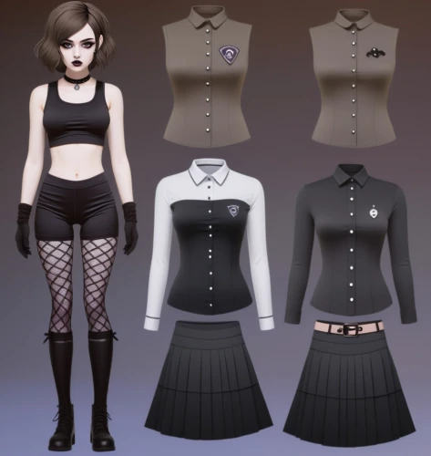 derivable,refashioned,women's clothing,police uniforms,bodices,a uniform,goth woman,uniforms,gothic dress,gothic style,ladies clothes,gradient mesh,dressup,tailcoats,corsetry,black and white pieces,clothing,goth like,shirttails,tailcoat,Conceptual Art,Sci-Fi,Sci-Fi 11