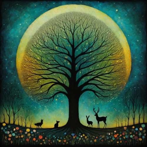 moon and star background,hanging moon,magic tree,celtic tree,deer illustration,moon and star,circle around tree,fantasy picture,painted tree,tree of life,sun and moon,seasonal tree,treepeople,wondertree,silhouette art,colorful tree of life,forest tree,moonlit night,children's background,dream art,Illustration,Abstract Fantasy,Abstract Fantasy 19