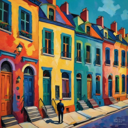 rowhouses,row houses,rowhouse,houses clipart,townhouses,french quarters,colorful city,row of houses,martre,burano,montmartre,fauvism,townhomes,burano island,couleurs,maisons,townhouse,toulouse,colorful facade,carreau,Conceptual Art,Oil color,Oil Color 25